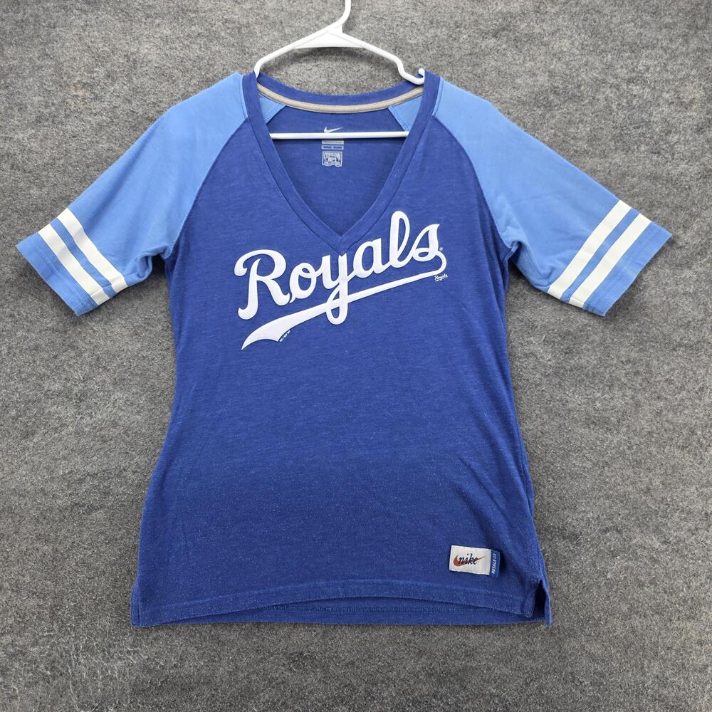 Nike T-Shirt Womens M Blue Royals V-Neck Raglan Sleeve Jersey Cooperstown